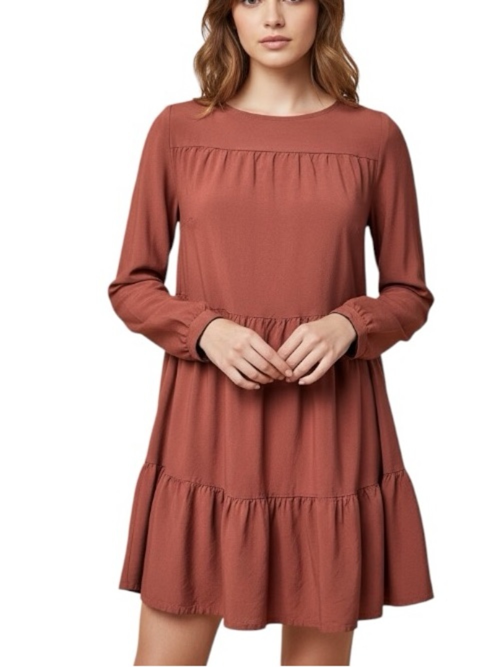 Lascana Medium Rust Orange Prairie Style Ruffle Long Sleeve Dress